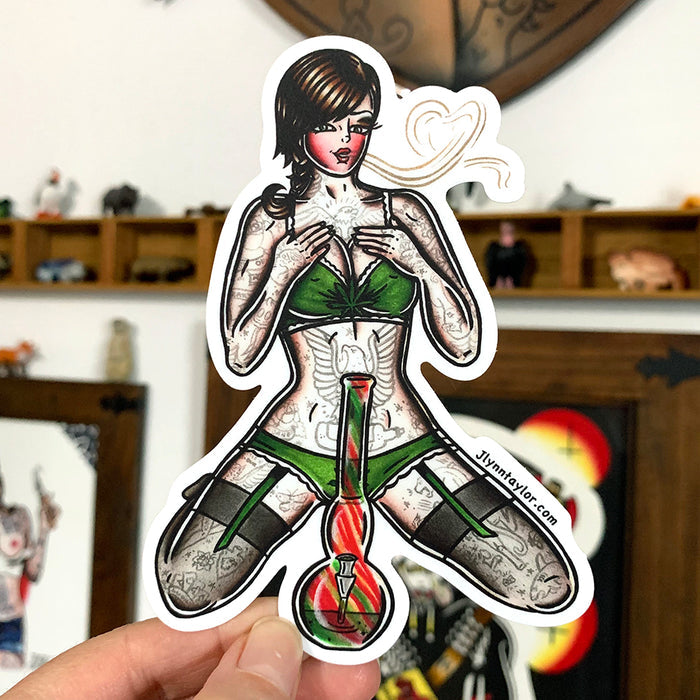 American traditional tattoo flash illustration Maryjane cannabis pinup watercolor sticker.