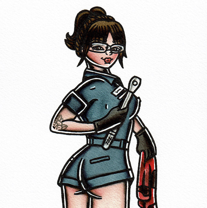 American traditional tattoo flash Auto Mechanic Pinup watercolor painting.