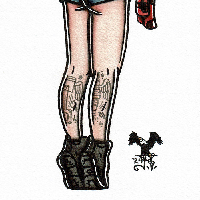 American traditional tattoo flash Auto Mechanic Pinup watercolor painting.