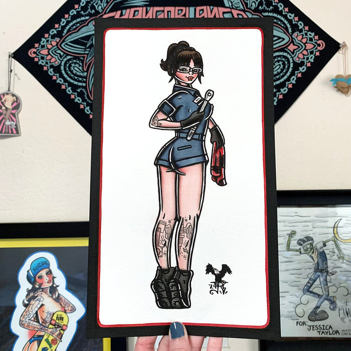 American traditional tattoo flash Auto Mechanic Pinup watercolor painting.