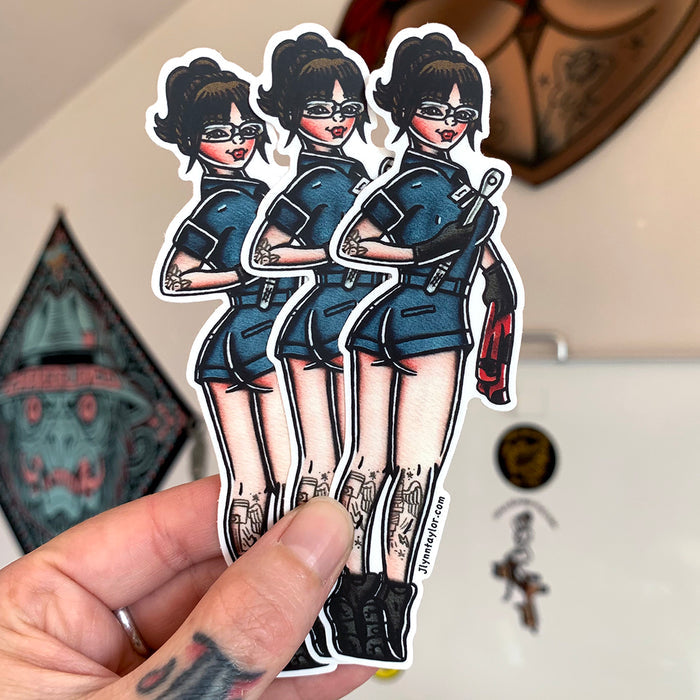 American traditional tattoo flash Auto Mechanic Pinup watercolor sticker.