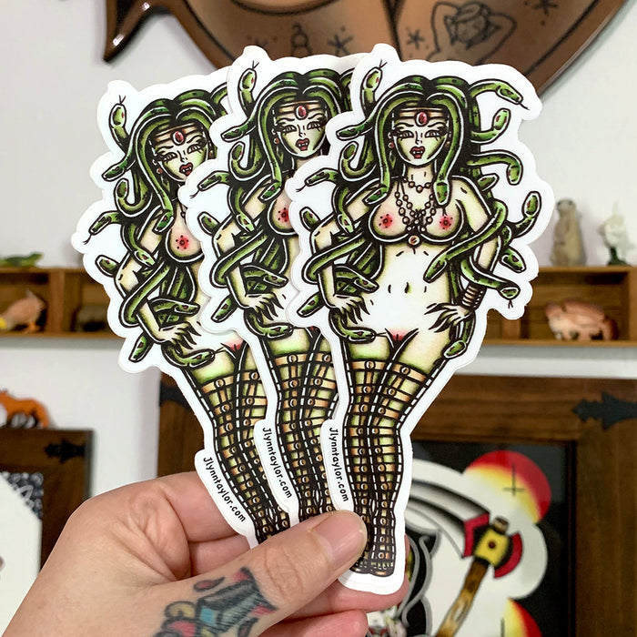 American traditional tattoo flash illustration Medusa Pinup watercolor stickers.