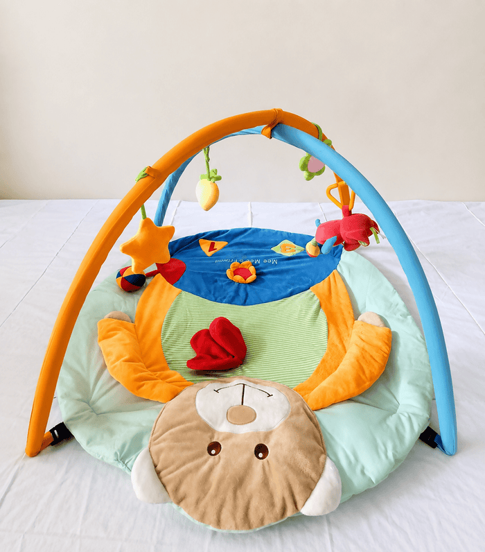 Mee Mee Baby Activity Play Gym Tummy Time Mat with hanging toys, soft cushioned mat, foldable design, and carry bag to encourage tummy time, sensory development, and motor skills.