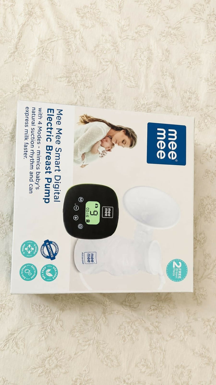 MEE MEE Electric Breast Pump with adjustable suction levels, soft silicone massage cushion, quiet operation, rechargeable design, BPA-free components, and ergonomic controls for comfortable and efficient milk expression.