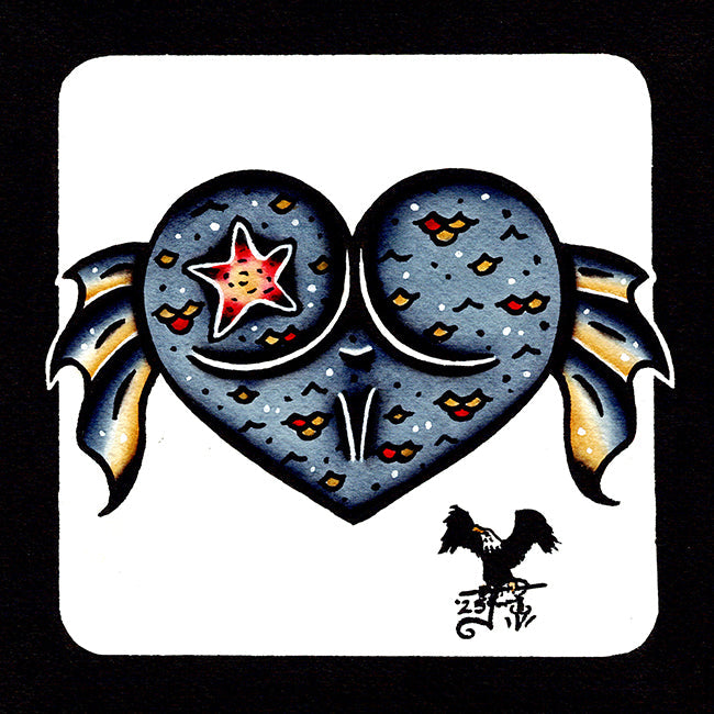 American traditional tattoo flash Mermaid Booty Butt Heart watercolor painting.