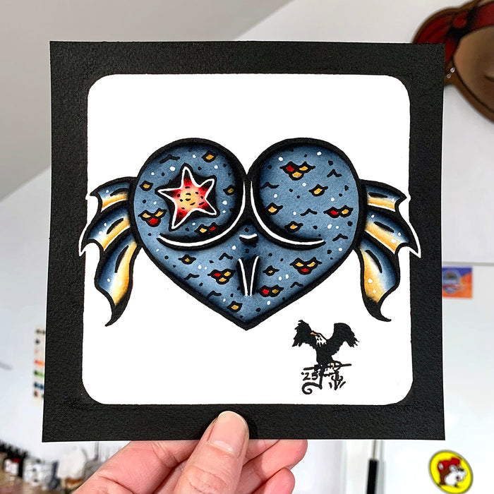 American traditional tattoo flash Mermaid Booty Butt Heart watercolor painting.