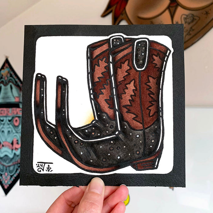 American traditional tattoo flash illustration Mexican Pointy Boots watercolor painting.