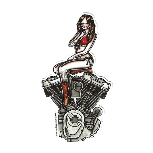American Traditional tattoo flash illustration Harley Motorcycle Milwaukee-Eight Engine watercolor pinup sticker.