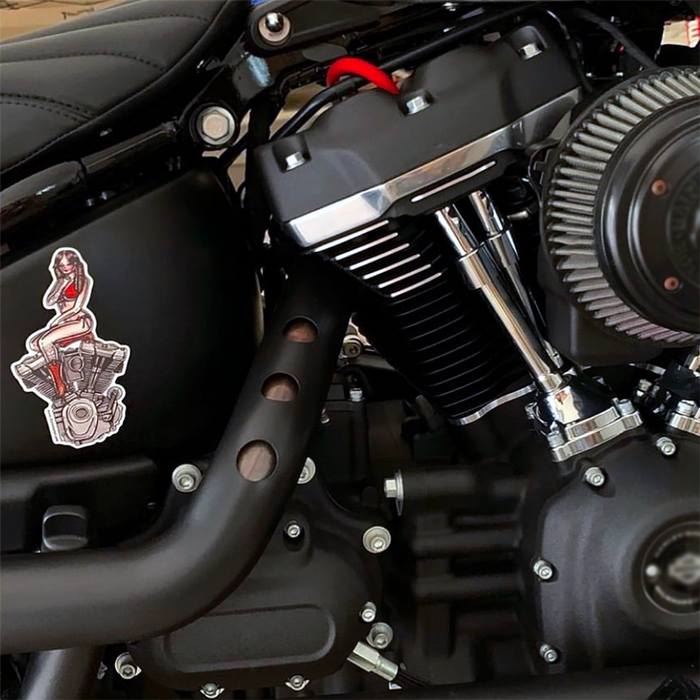 American Traditional tattoo flash illustration Harley Motorcycle Milwaukee-Eight Engine watercolor pinup sticker.