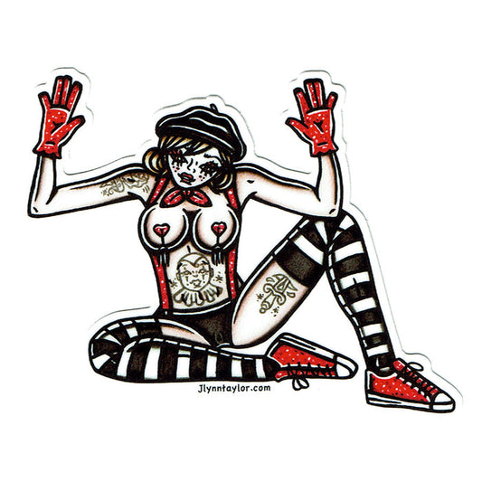 American traditional tattoo flash topless Burlesque Mime Pinup watercolor sticker.