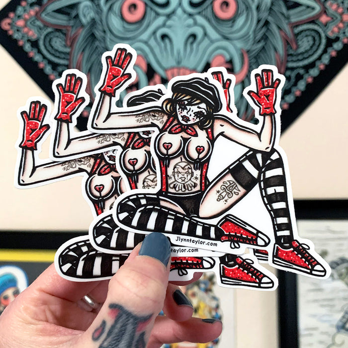 American traditional tattoo flash topless Burlesque Mime Pinup watercolor sticker.