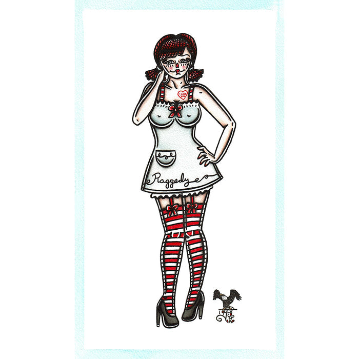 American traditional tattoo flash Raggedy Ann Doll Pinup watercolor painting.