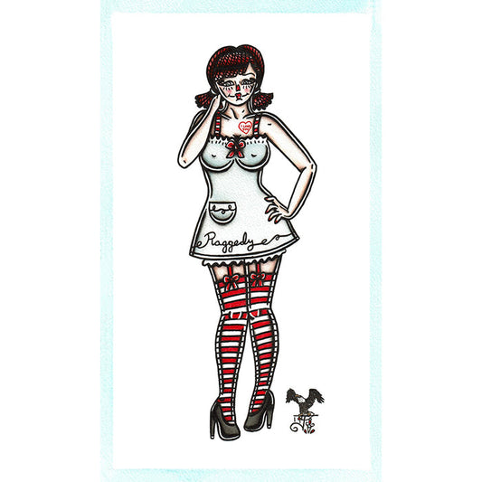 American traditional tattoo flash Raggedy Ann Doll Pinup watercolor painting.