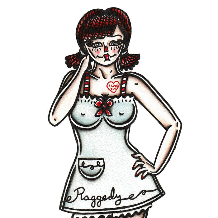 American traditional tattoo flash Raggedy Ann Doll Pinup watercolor painting.