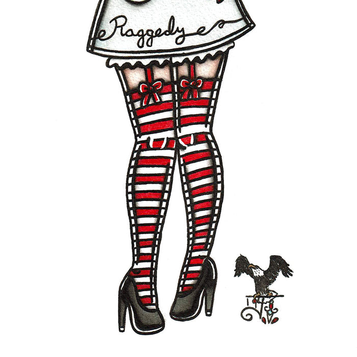 American traditional tattoo flash Raggedy Ann Doll Pinup watercolor painting.