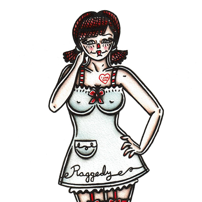 American traditional tattoo flash Raggedy Anne Pinup watercolor print.