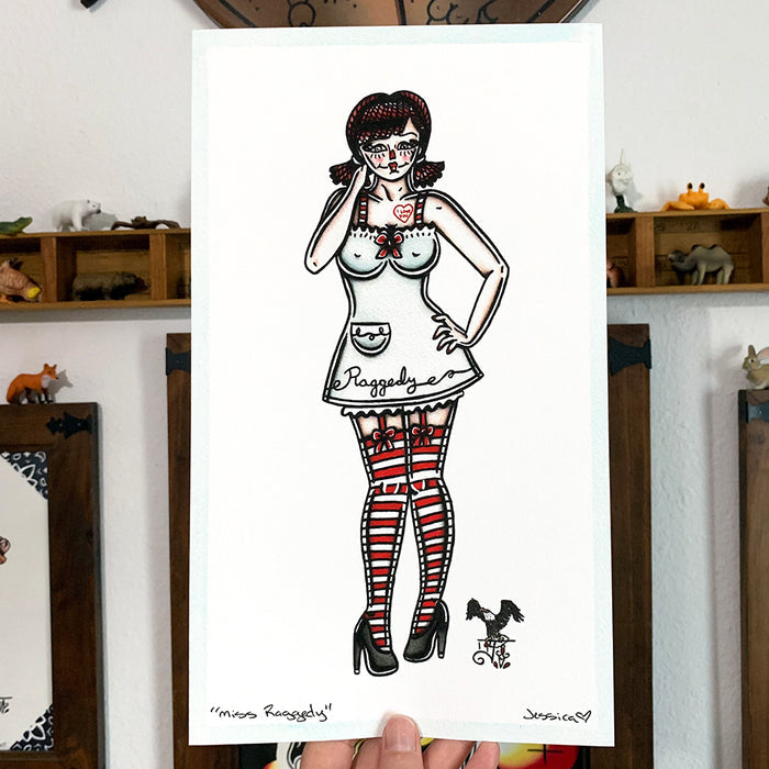 American traditional tattoo flash Raggedy Anne Pinup watercolor print.