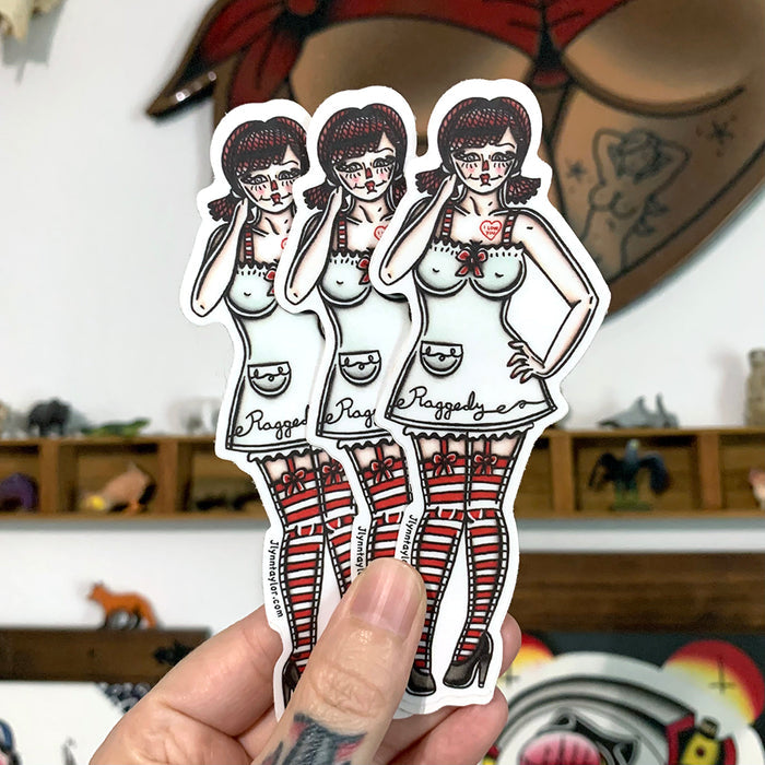 American traditional tattoo flash Raggedy Ann Rag Doll Pinup watercolor sticker.