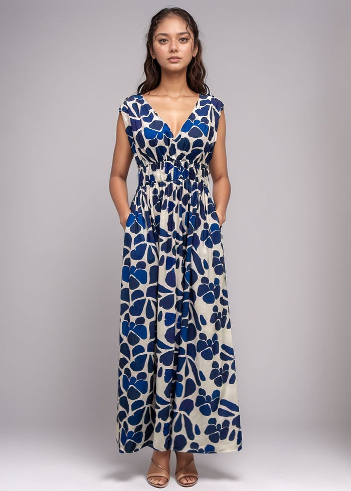 Moana Maxi Dress - Abstract Blue Flower - Front View