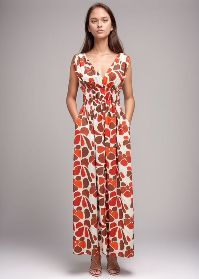 Moana Maxi Dress - Abstract Orange Flower - Front View