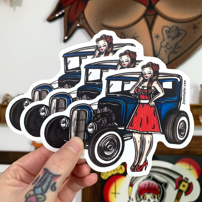 American traditional tattoo flash Ford Model A Pinup watercolor sticker.