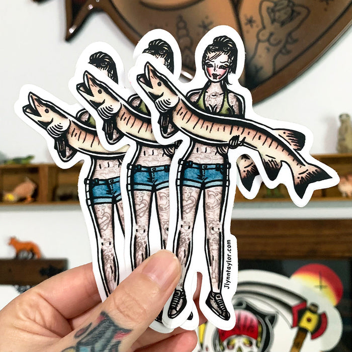 American traditional tattoo flash illustration Muskie Fishing Pinup watercolor stickers.