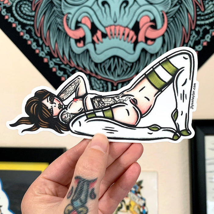 American traditional tattoo flash illustration Naughty Socks Nude Pinup Mature Content watercolor sticker.