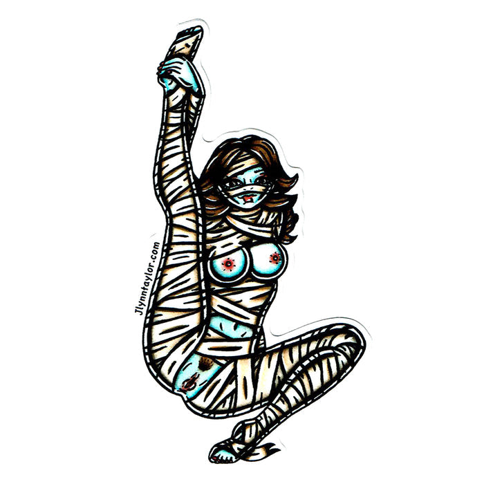 American traditional tattoo flash illustration Naughty Mummy Pinup watercolor sticker.