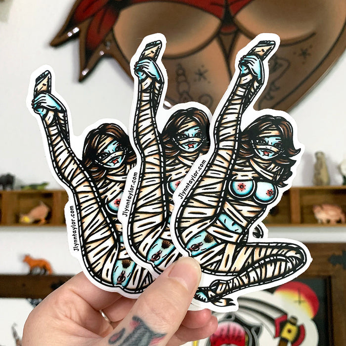 American traditional tattoo flash illustration Naughty Mummy Pinup watercolor stickers.