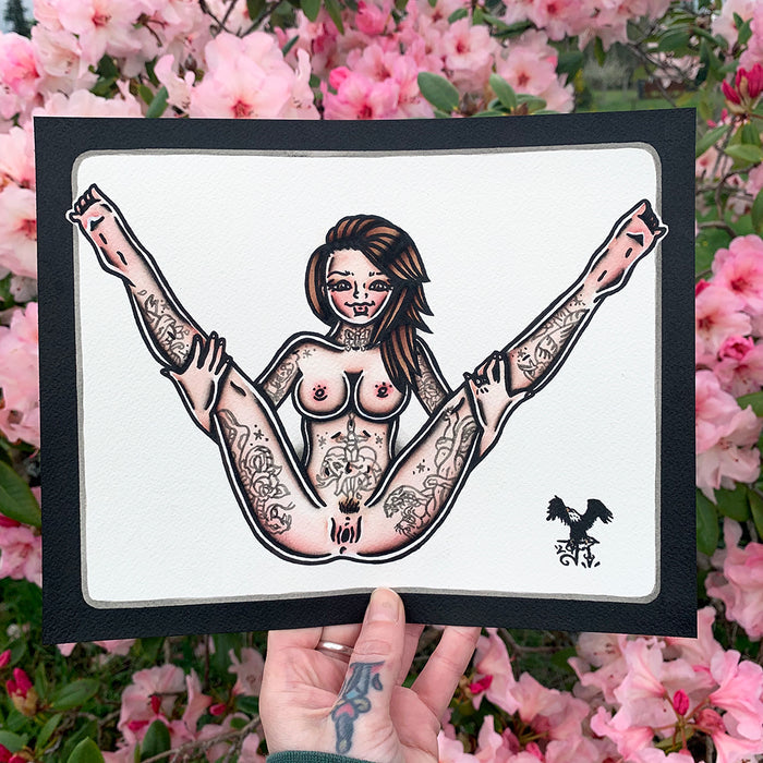 American traditional tattoo flash illustration Naughty tattooed open legs Pinup watercolor painting.