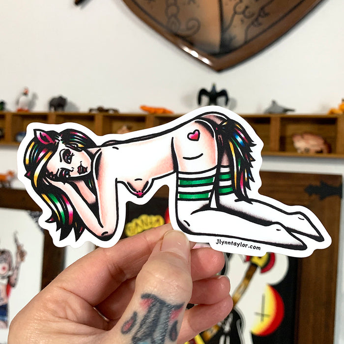 American traditional tattoo flash Naughty Pony Pinup watercolor sticker.