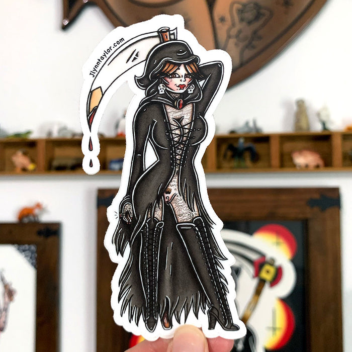 American traditional tattoo flash Naughty Reaper Pinup watercolor sticker.