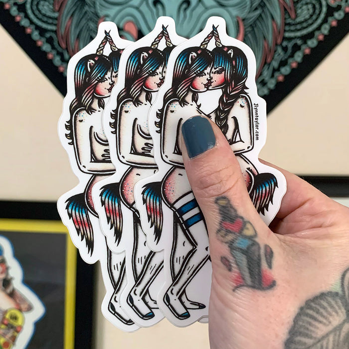 American traditional tattoo flash illustration lesbian naughty unicorn cosplay Pinup watercolor sticker.