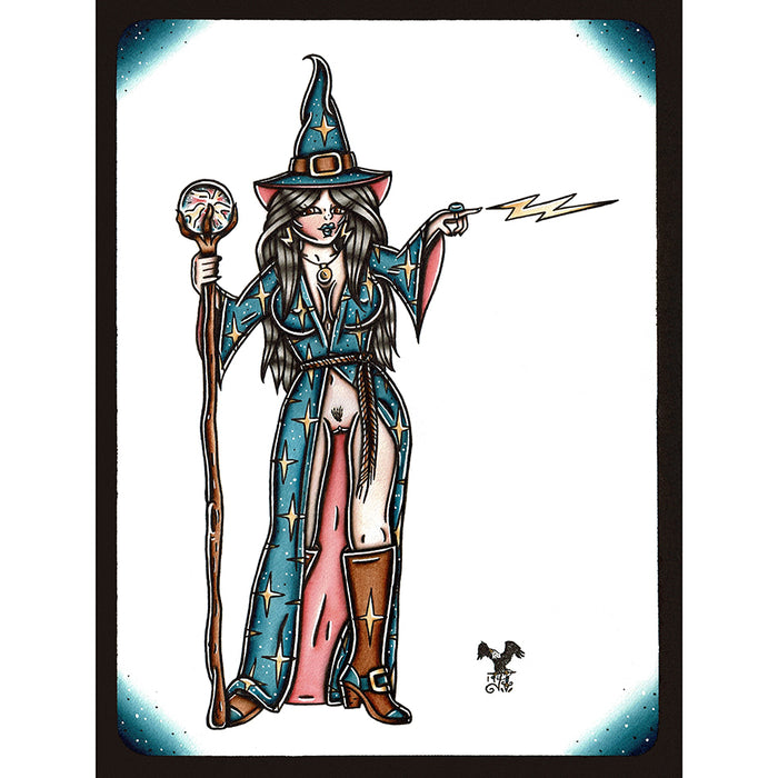 American Traditional tattoo flash illustration Naughty Nude Wizard Pinup painting.