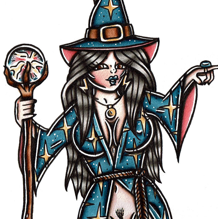 American Traditional tattoo flash illustration Naughty Nude Wizard Pinup painting.