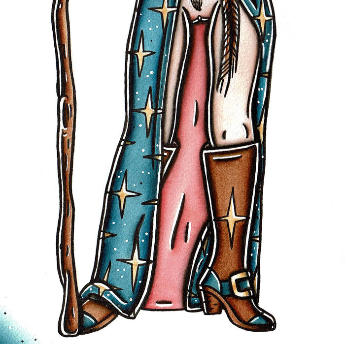 American Traditional tattoo flash illustration Naughty Nude Wizard Pinup painting.