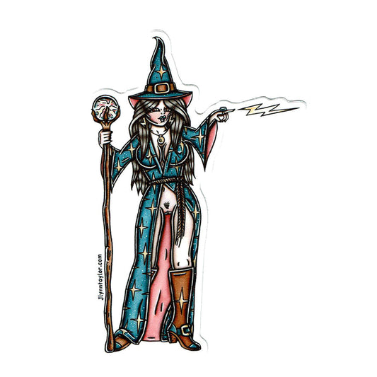 American traditional tattoo flash Naughty Wizard Pinup watercolor sticker.