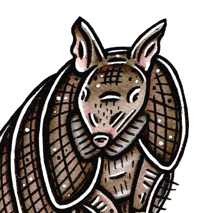 American traditional tattoo flash Nine-banded Armadillo ink and watercolor painting.