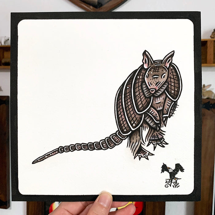 American traditional tattoo flash Nine-banded Armadillo ink and watercolor painting.