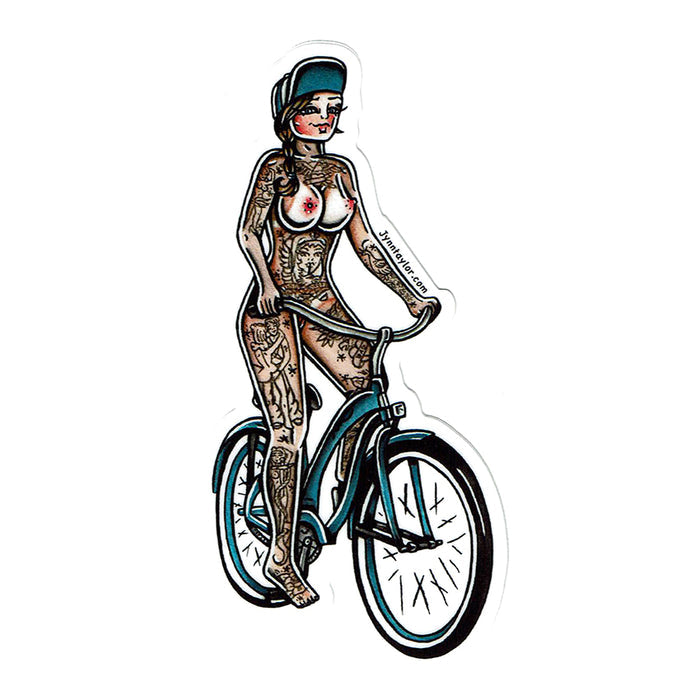 American traditional tattoo flash nude beach bicycle cruiser pinup watercolor sticker.