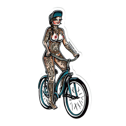 American traditional tattoo flash nude beach bicycle cruiser pinup watercolor sticker.