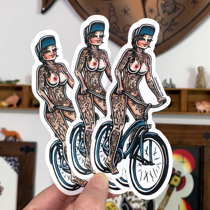 American traditional tattoo flash nude beach bicycle cruiser pinup watercolor sticker.