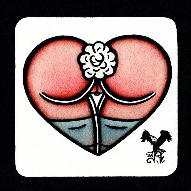 American traditional tattoo flash Nude cottontail Bunny Booty Butt Heart watercolor painting.
