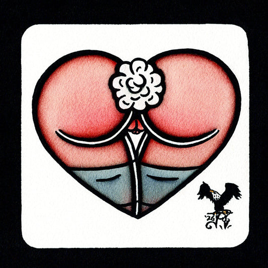 American traditional tattoo flash Nude cottontail Bunny Booty Butt Heart watercolor painting.