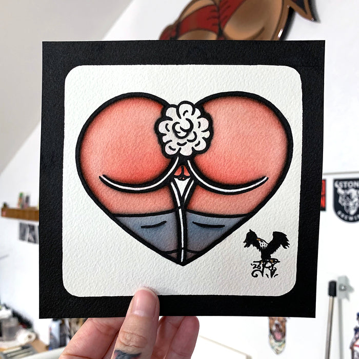American traditional tattoo flash Nude cottontail Bunny Booty Butt Heart watercolor painting.