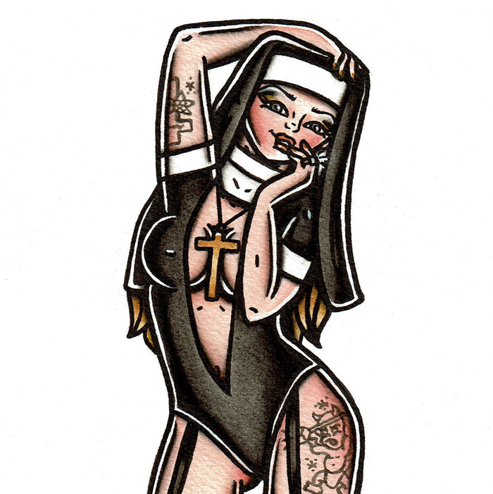 American traditional tattoo flash Nun Pinup watercolor painting.