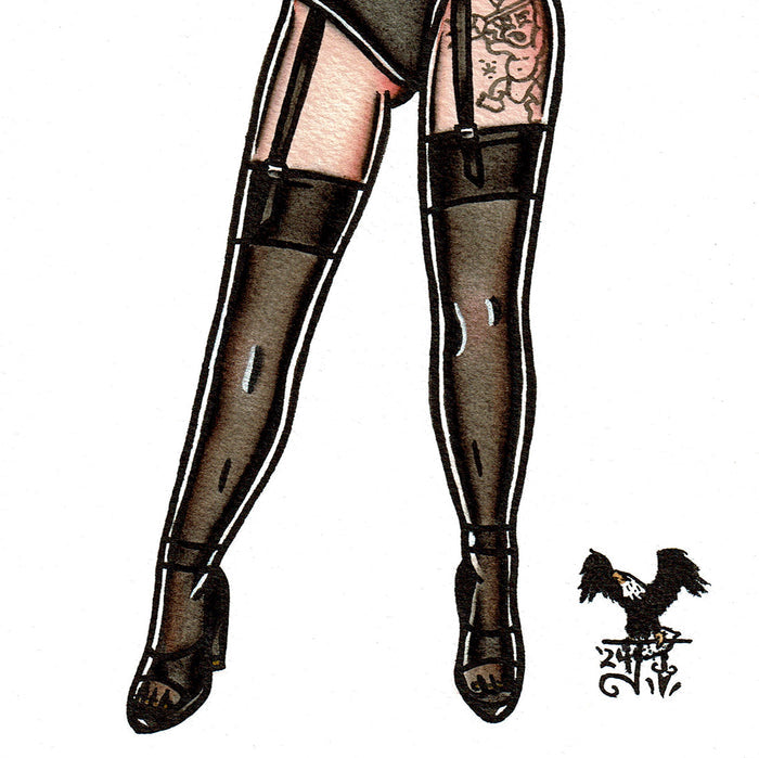 American traditional tattoo flash Nun Pinup watercolor painting.