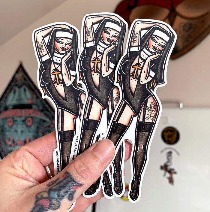 American traditional tattoo flash Naughty Nun Pinup watercolor sticker.