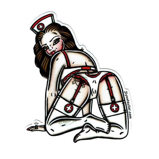 American traditional tattoo flash illustration Naughty Nurse Pinup watercolor sticker.