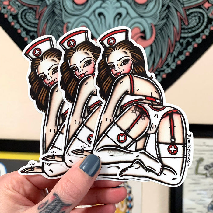 American traditional tattoo flash illustration Naughty Nurse Pinup watercolor sticker.